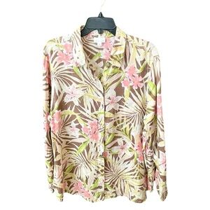 J. Jill Love Linen 100% linen tropical floral button tunic top L brown pink